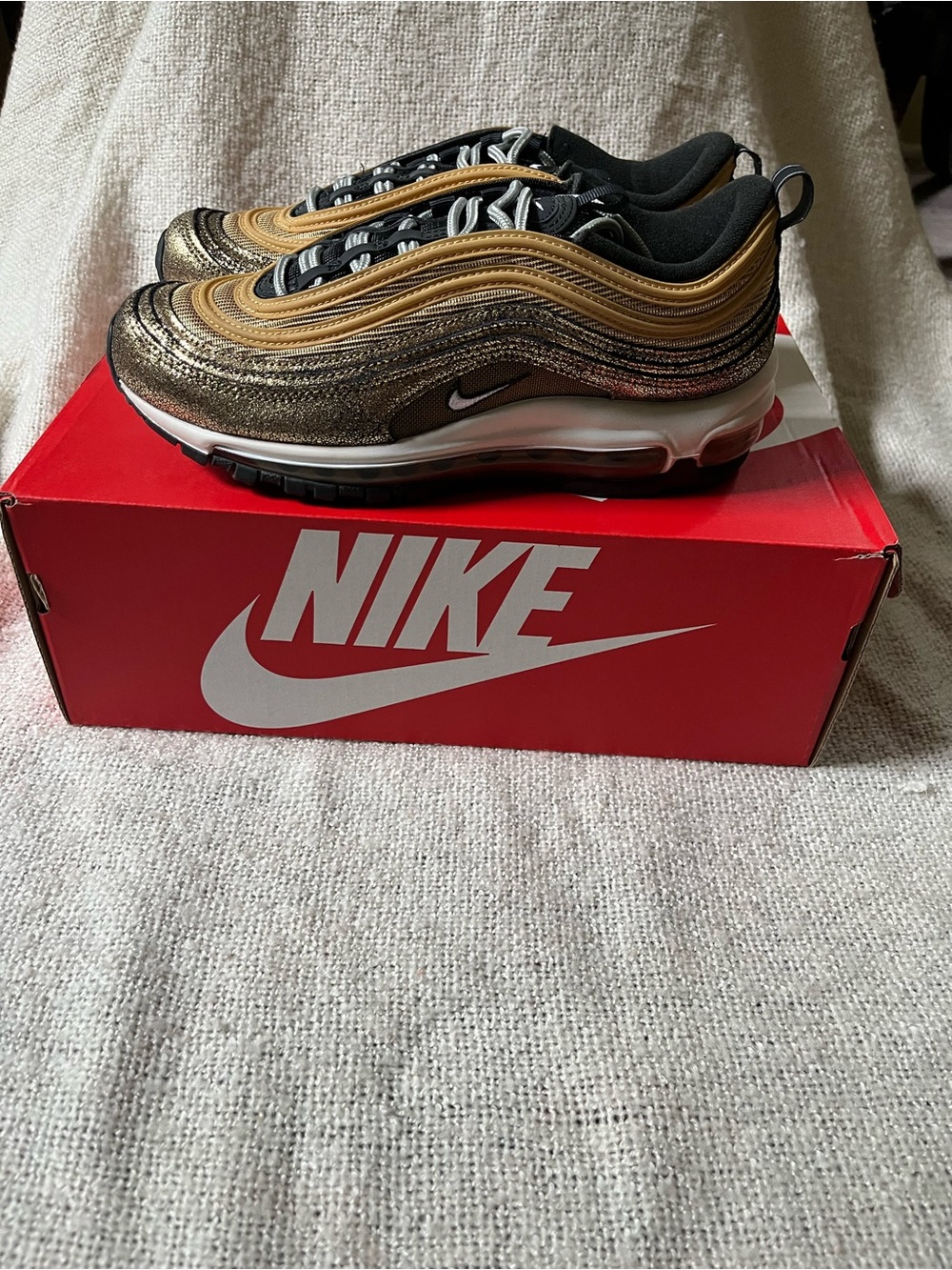 Nike Air Max 97 Gold and Black Metallic Sneakers, Women’s 8